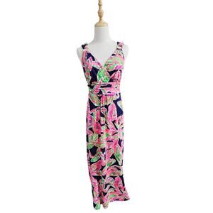 NWOT Lilly Pulitzer Villa Navy Pink Gold Sleeveless Rayon Blend Maxi Dress L
